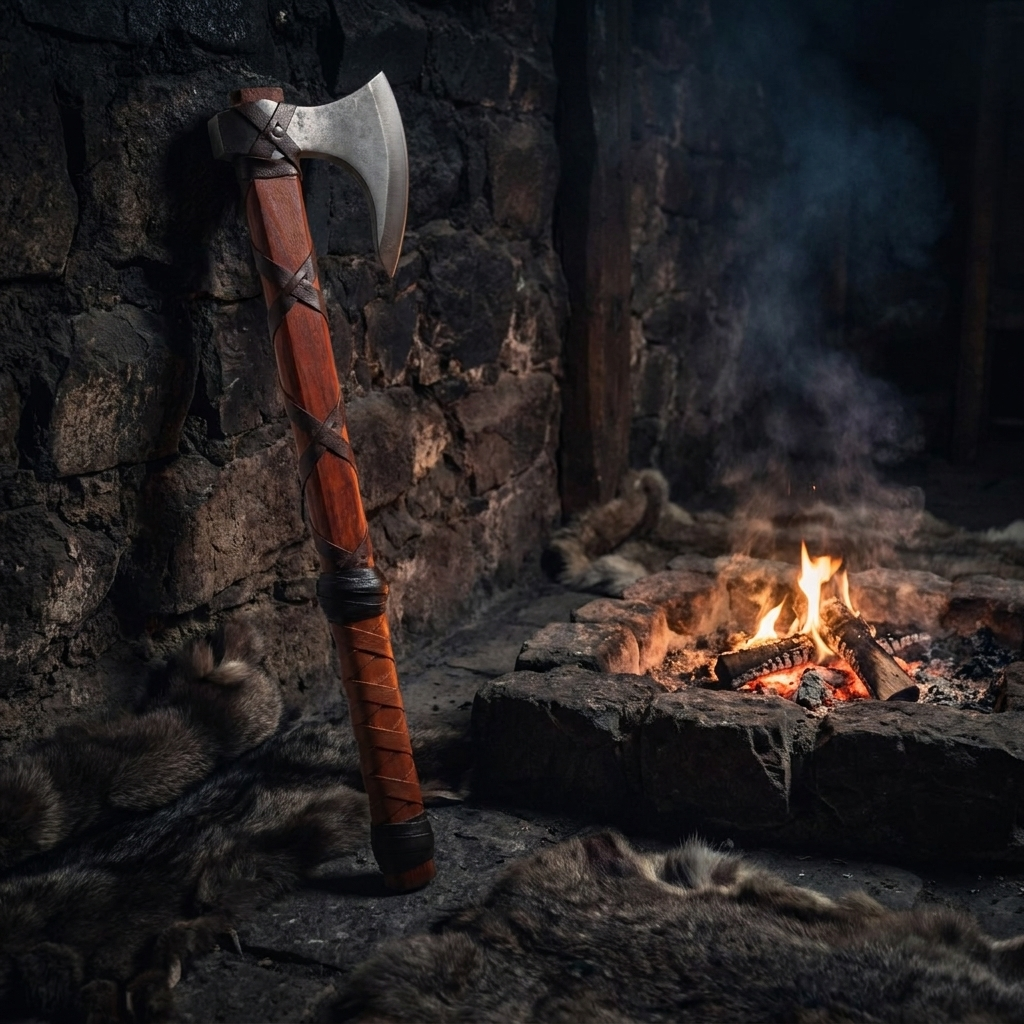 The Skeggøx Viking bearded axe leaning by a stone firepit, long leather-laced handle