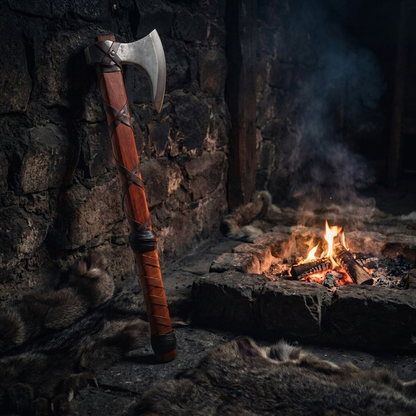The Skeggøx Viking bearded axe leaning by a stone firepit, long leather-laced handle