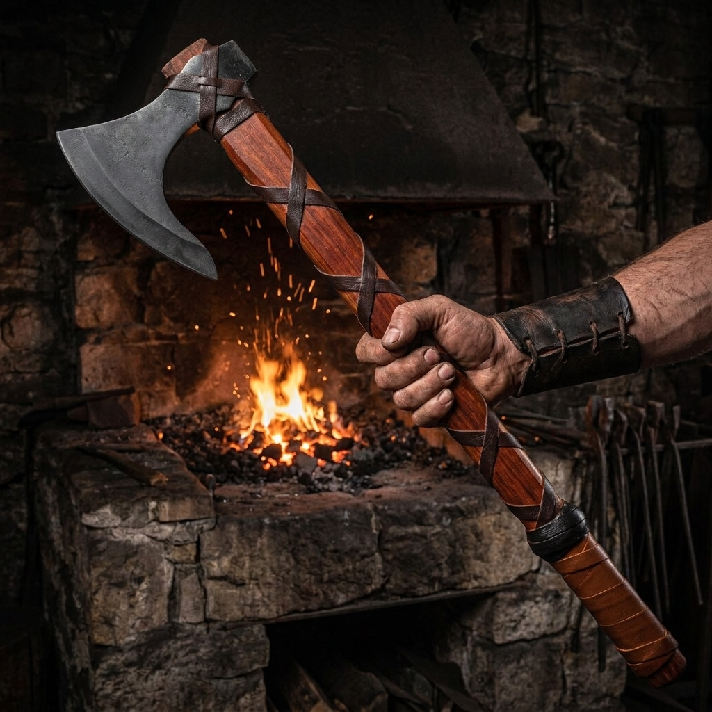 The Skeggøx Viking bearded axe held by a warrior at a stone forge, long handle and X-cross leather lacing
