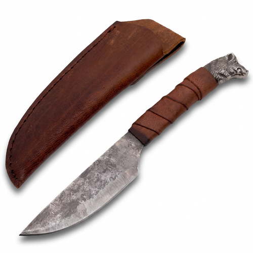 Boar's Head Viking-styled seax with hand-forged carbon steel blade beside its brown leather sheath on a white background