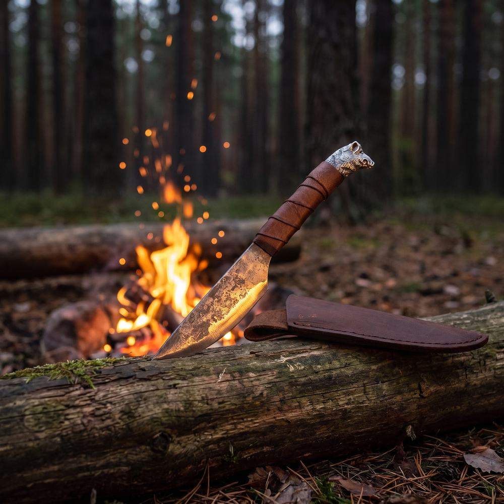 Boar's Head seax resting on a log beside a campfire with its leather sheath