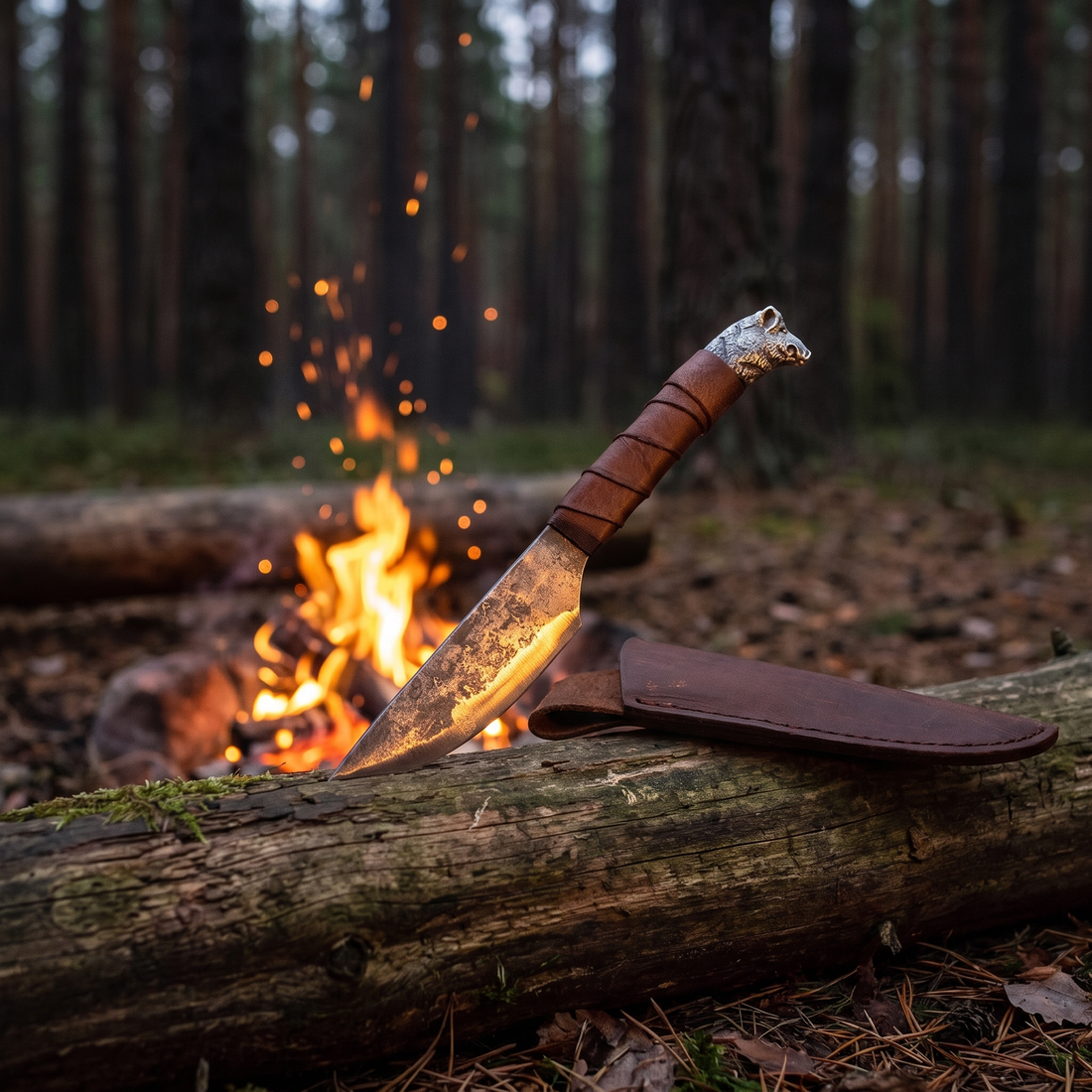 Boar's Head seax resting on a log beside a campfire with its leather sheath