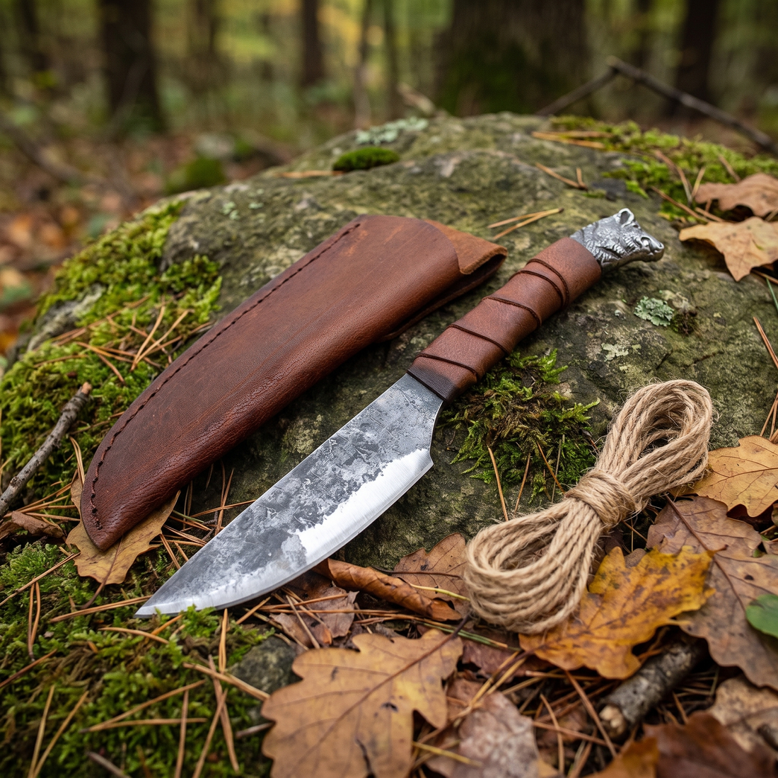 Boar's Head seax and its leather sheath on a mossy rock on the forest floor