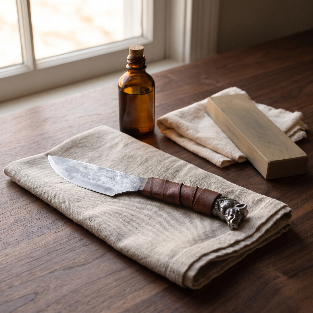 Caring for the Boar's Head seax: the knife on linen with oil, a cloth and a whetstone