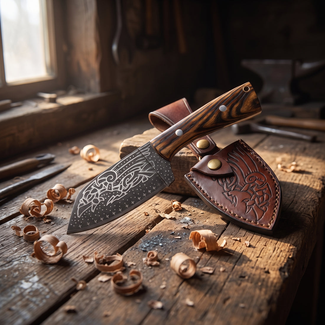 Huginn & Muninn Viking seax knife and its raven-embossed leather sheath on a blacksmith's oak workbench among wood shavings