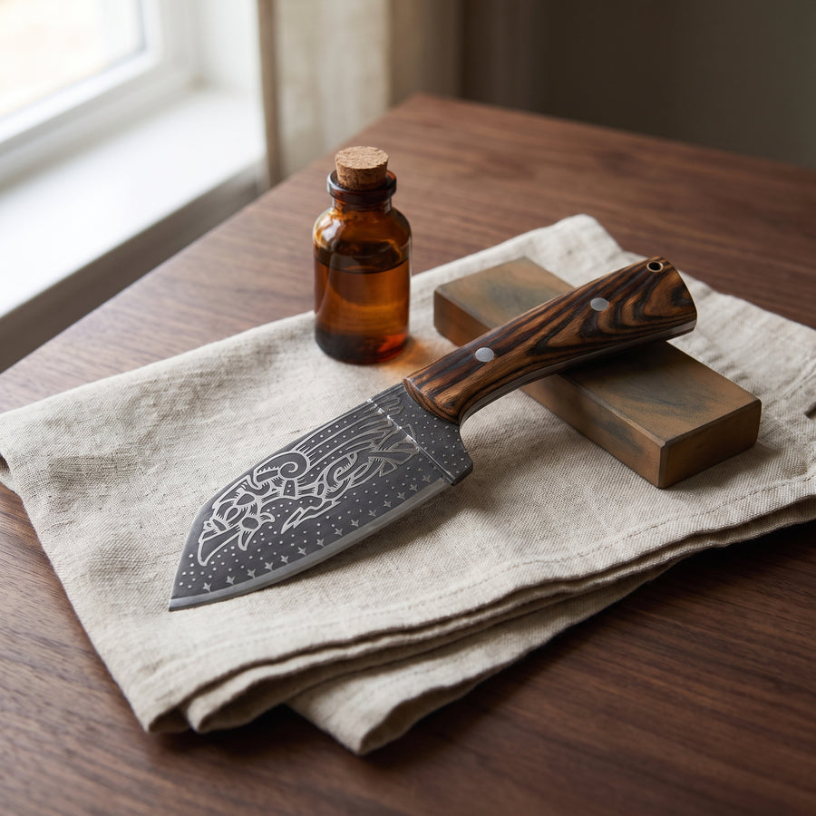 Caring for the Huginn & Muninn seax knife: the knife on linen beside an oil bottle and a whetstone
