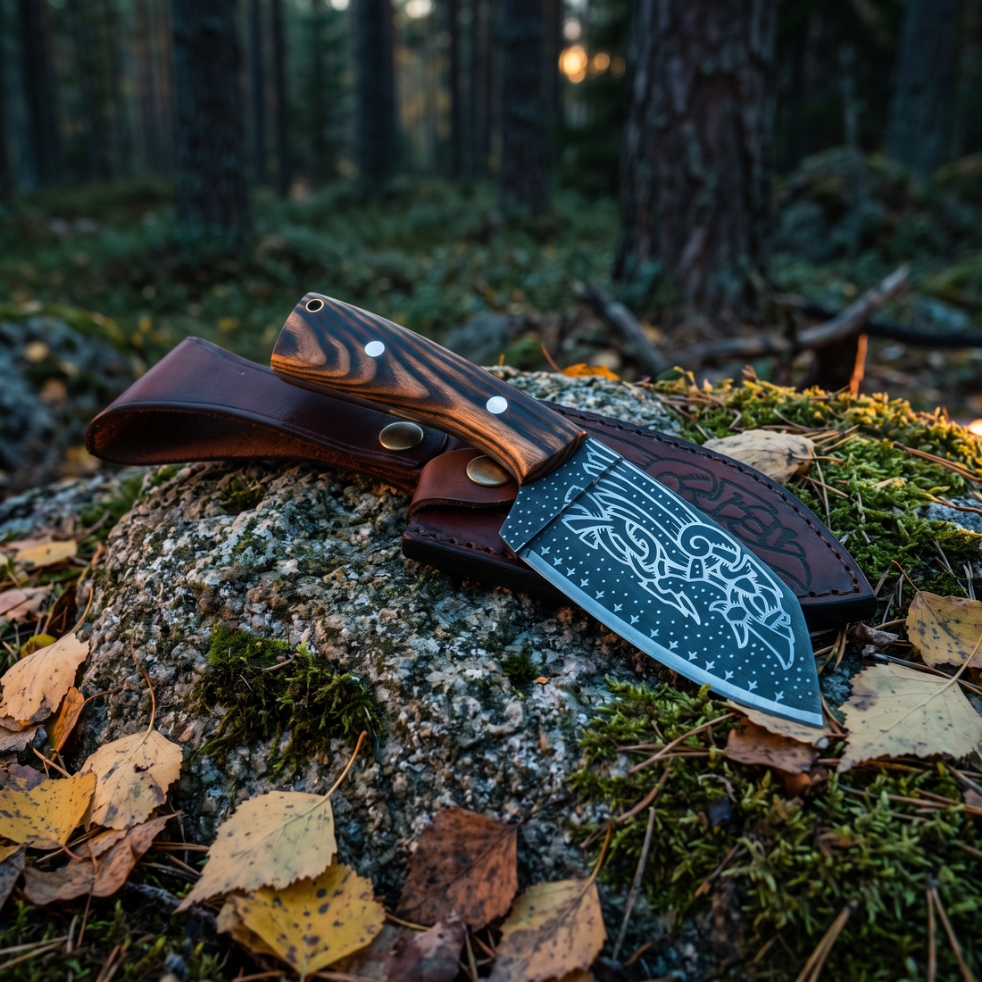 Huginn & Muninn Viking seax knife and its raven-embossed leather sheath on a mossy boulder in a pine forest at dusk