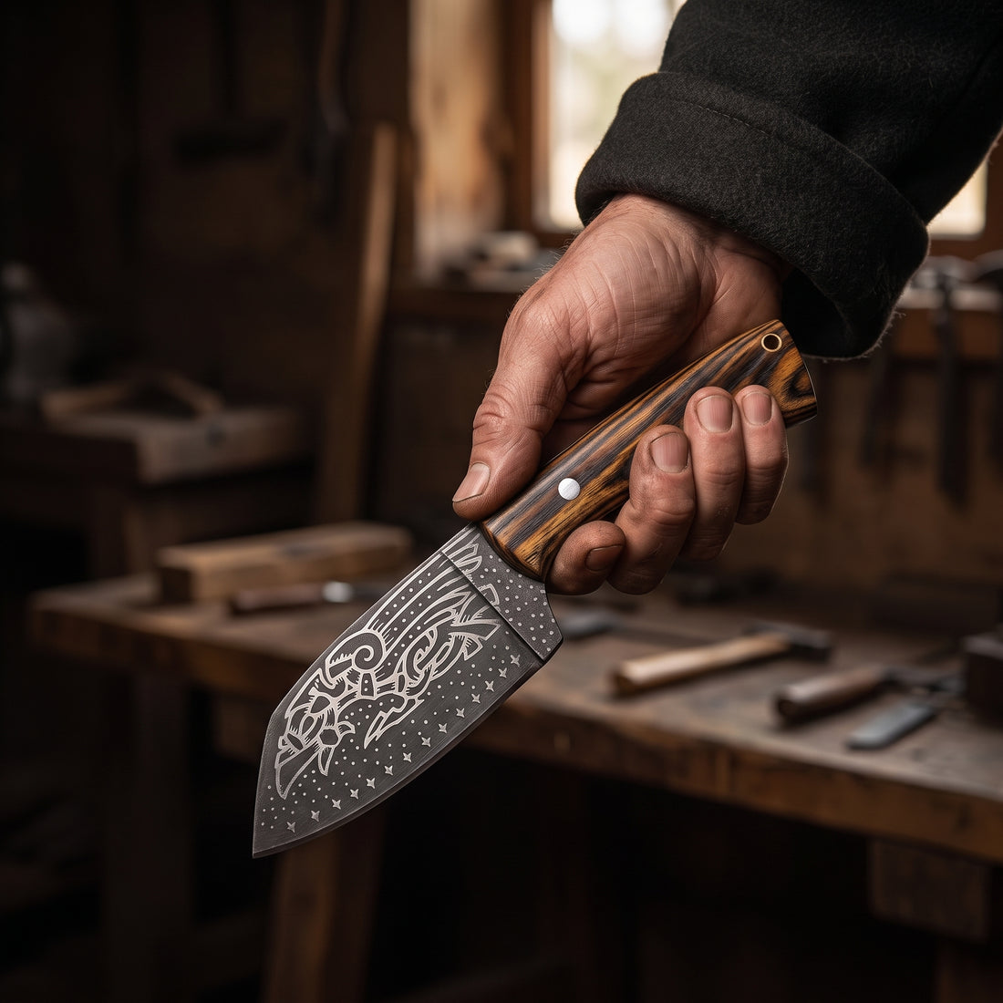 Huginn & Muninn Viking seax knife held in the hand in a workshop, showing its size and the raven-etched blade