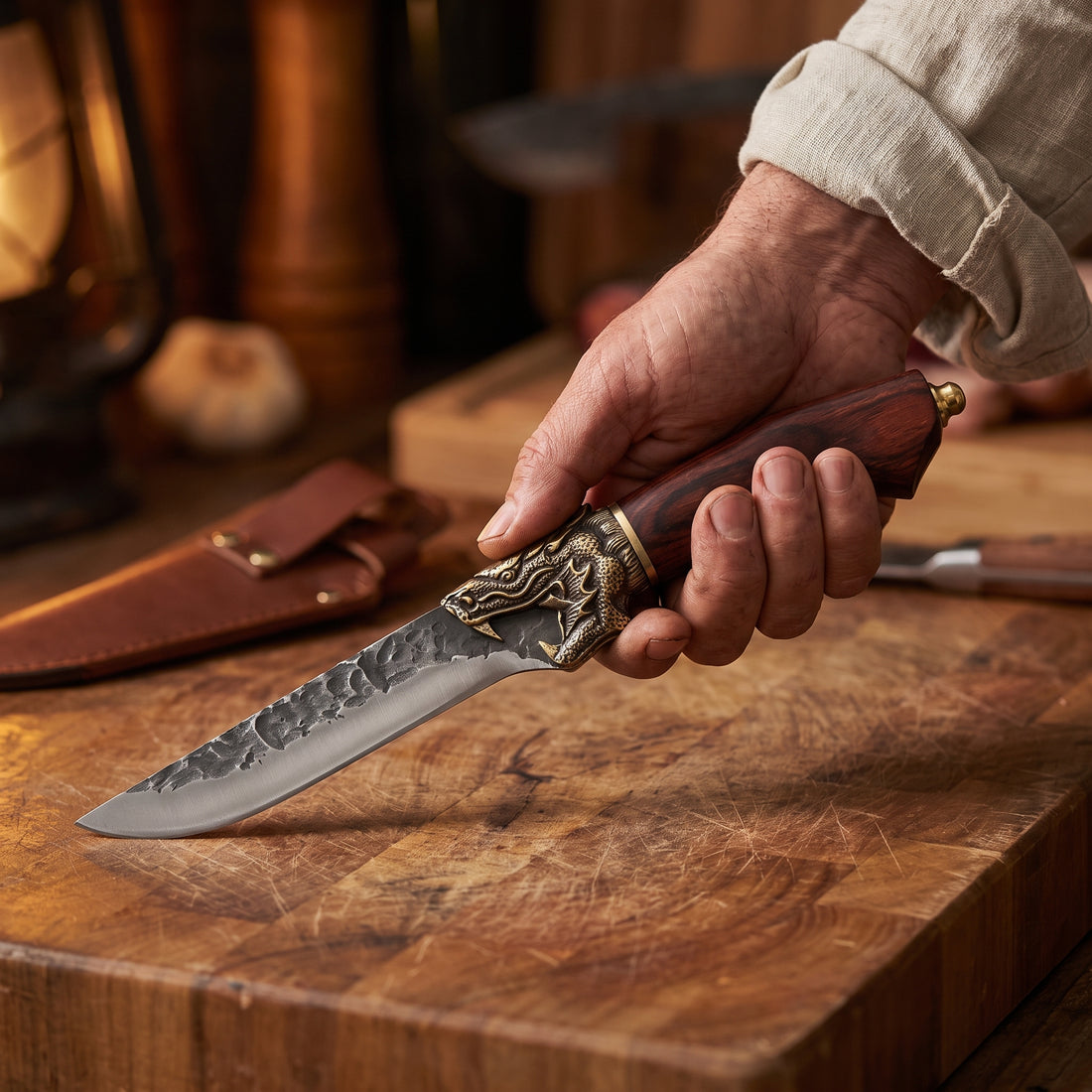 Fenrir boning knife held in the hand over a wooden butcher's block, showing its size