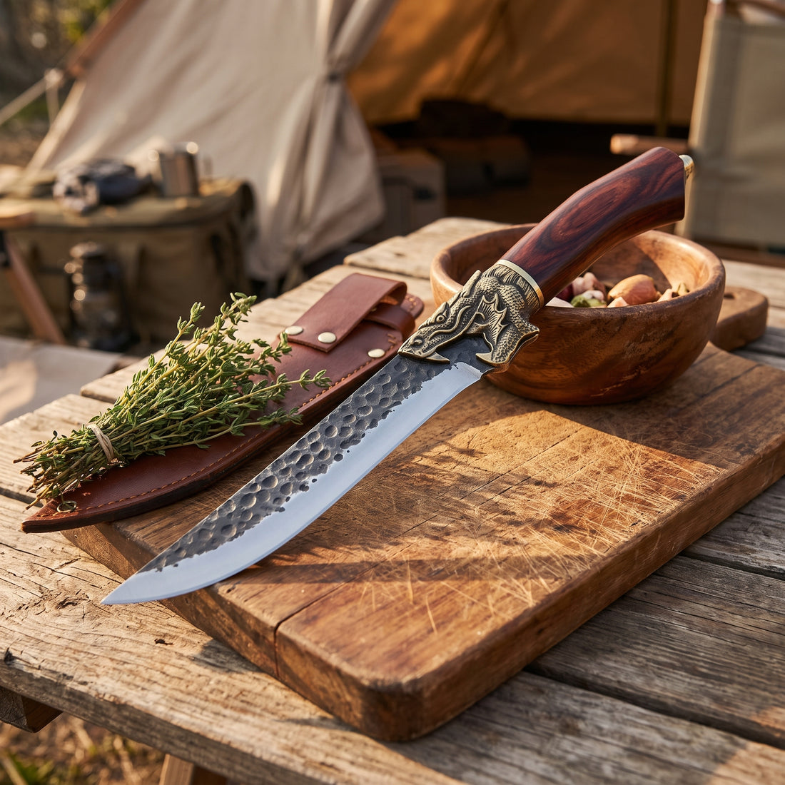 Fenrir boning knife and its leather sheath on a chopping board at a camp table with fresh thyme
