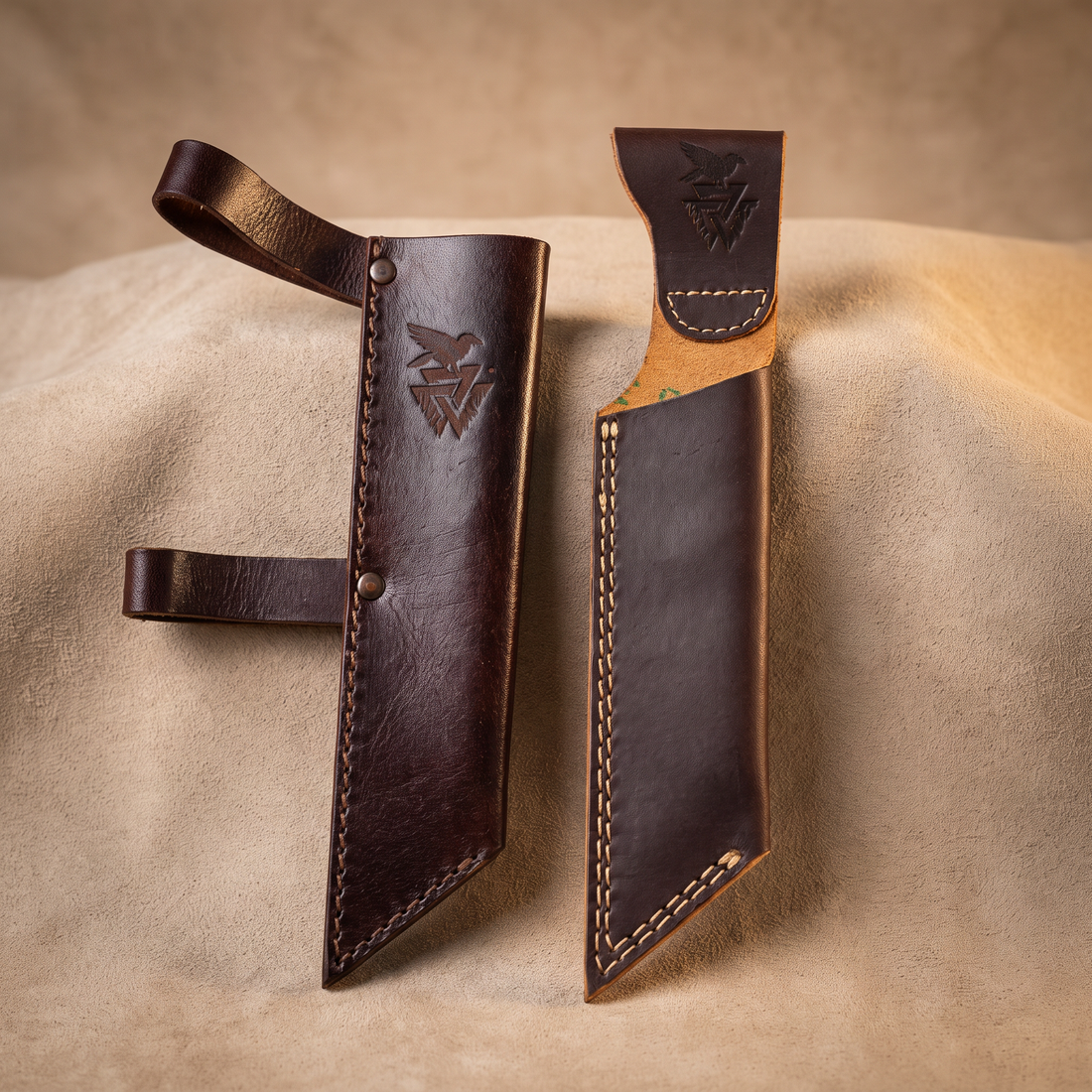 Broken-back Viking Seax Knife, raven Pommel and Twin Sheaths – view 10
