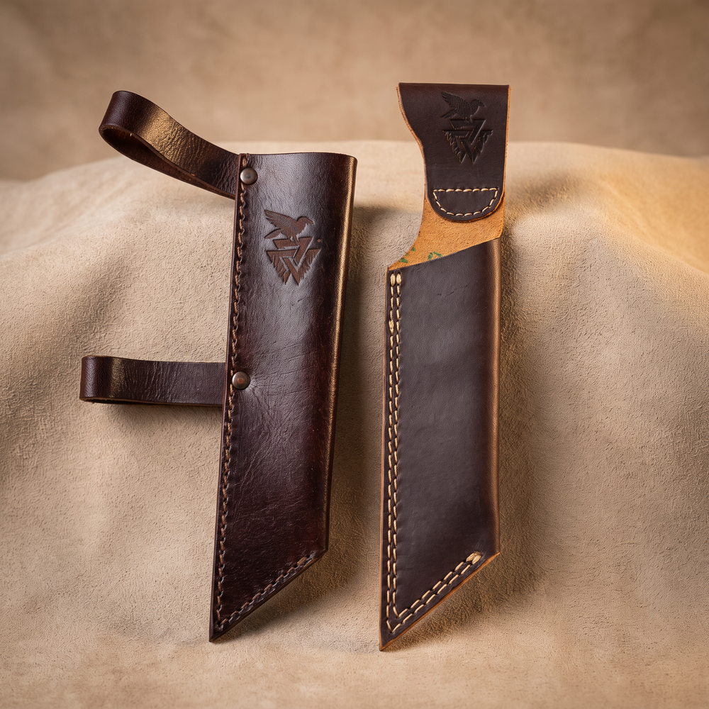 Both included leather sheaths for the Broken-Back seax — belt sheath with belt loop and snap, and a plain slip sheath