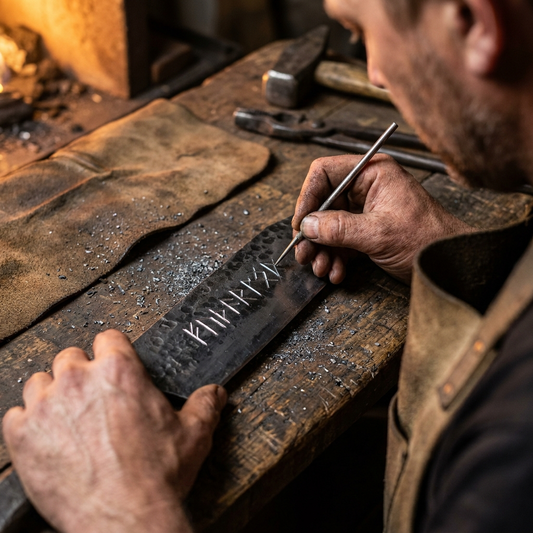 Bladesmith hand-etching Elder Futhark runes into the flat of a hand-forged carbon steel blade — personal engraving add-on