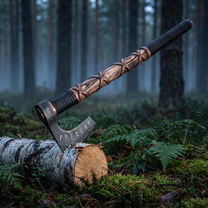 forged Viking bearded axe with ash handle