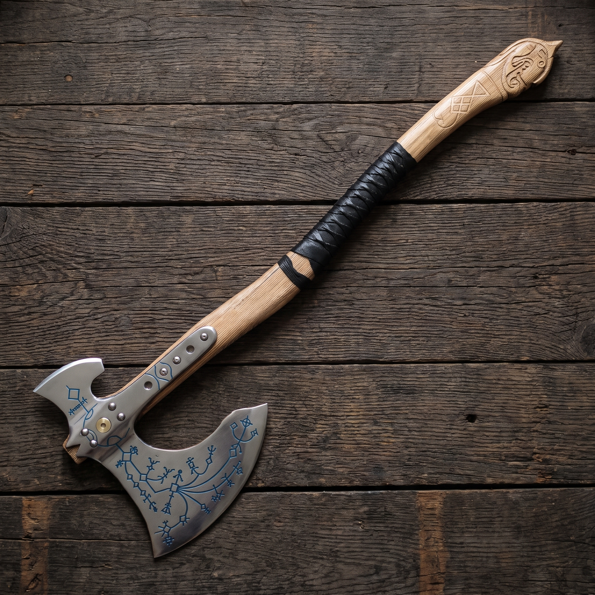 Kratos axe with blue rune-style engraving on a hand-forged carbon steel head, light wood handle and black wrapped grip
