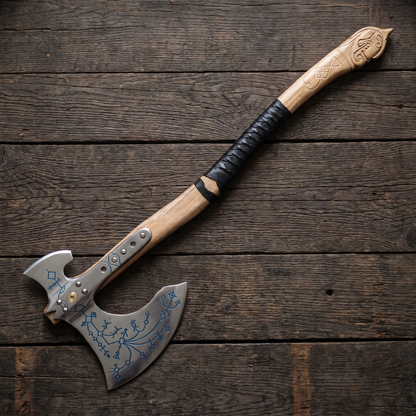 Kratos axe with blue rune-style engraving on a hand-forged carbon steel head, light wood handle and black wrapped grip
