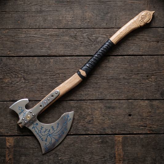 Kratos axe with blue rune-style engraving on a hand-forged carbon steel head, light wood handle and black wrapped grip