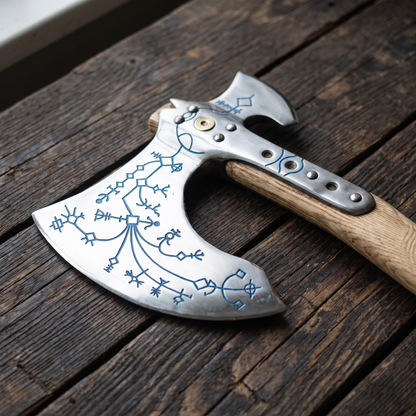 Close-up of the engraved axe head: blue branching rune-style symbols, riveted steel langet and brass-coloured boss