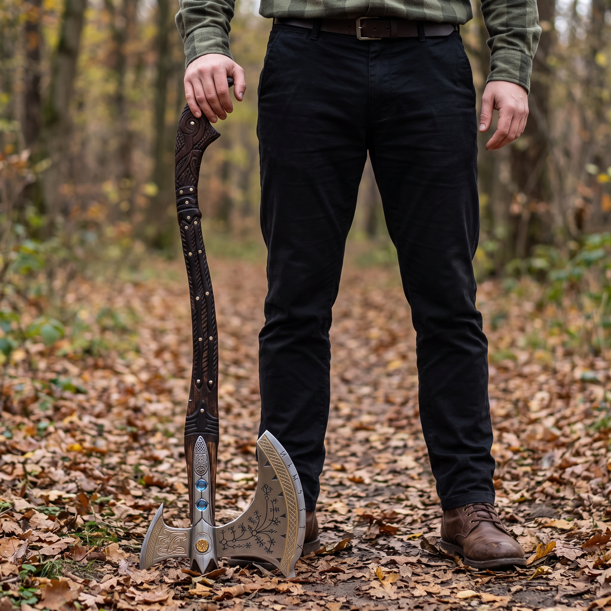 Leviathan axe standing head down beside a man's leg, pommel just below belt height, showing its length