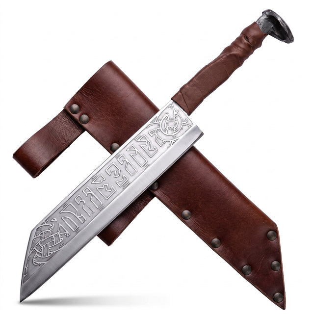 Langseax Viking seax knife with rune-etched carbon steel blade and forged steel pommel, shown crossed with its riveted leather sheath on a white background