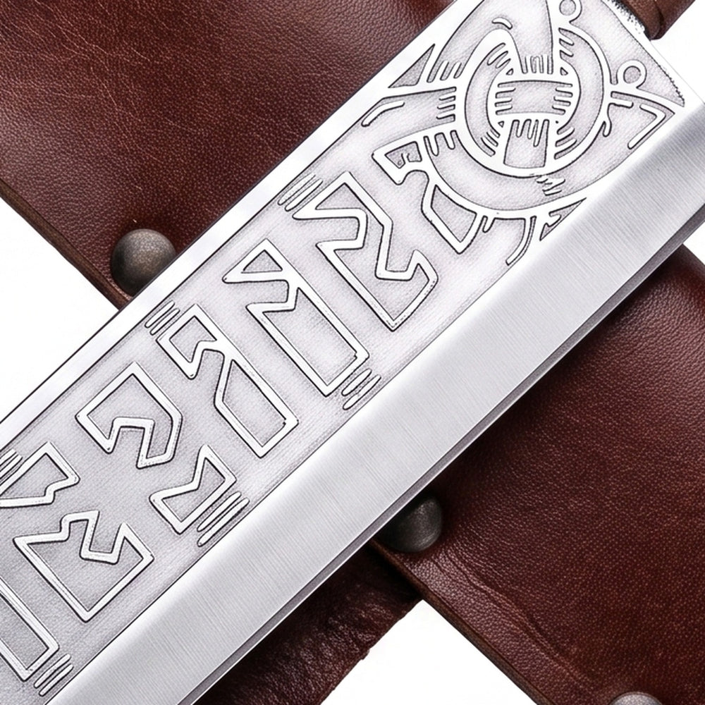 Close-up of the etched runic band and interlaced Norse beast knotwork on the langseax carbon steel blade