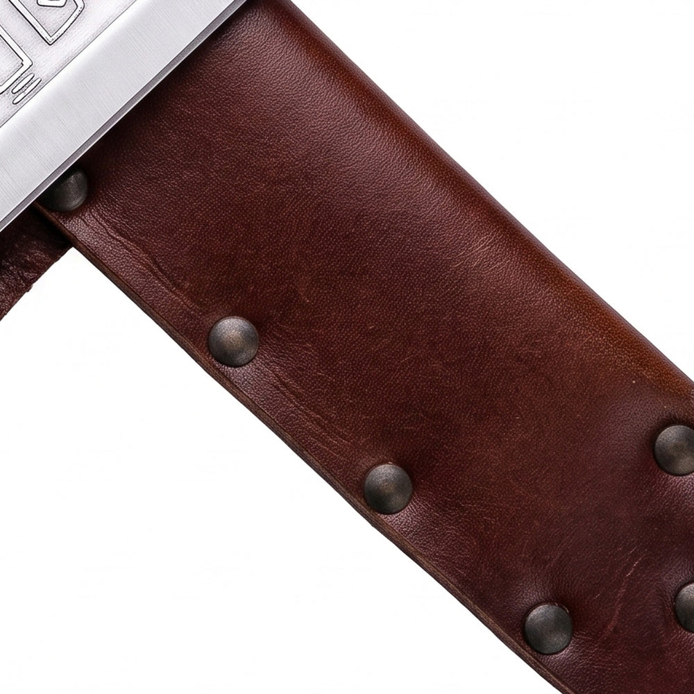 Detail of the hand-riveted genuine leather sheath with dual belt loops supplied with the langseax Viking seax knife