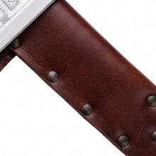 Detail of the hand-riveted genuine leather sheath with dual belt loops supplied with the langseax Viking seax knife
