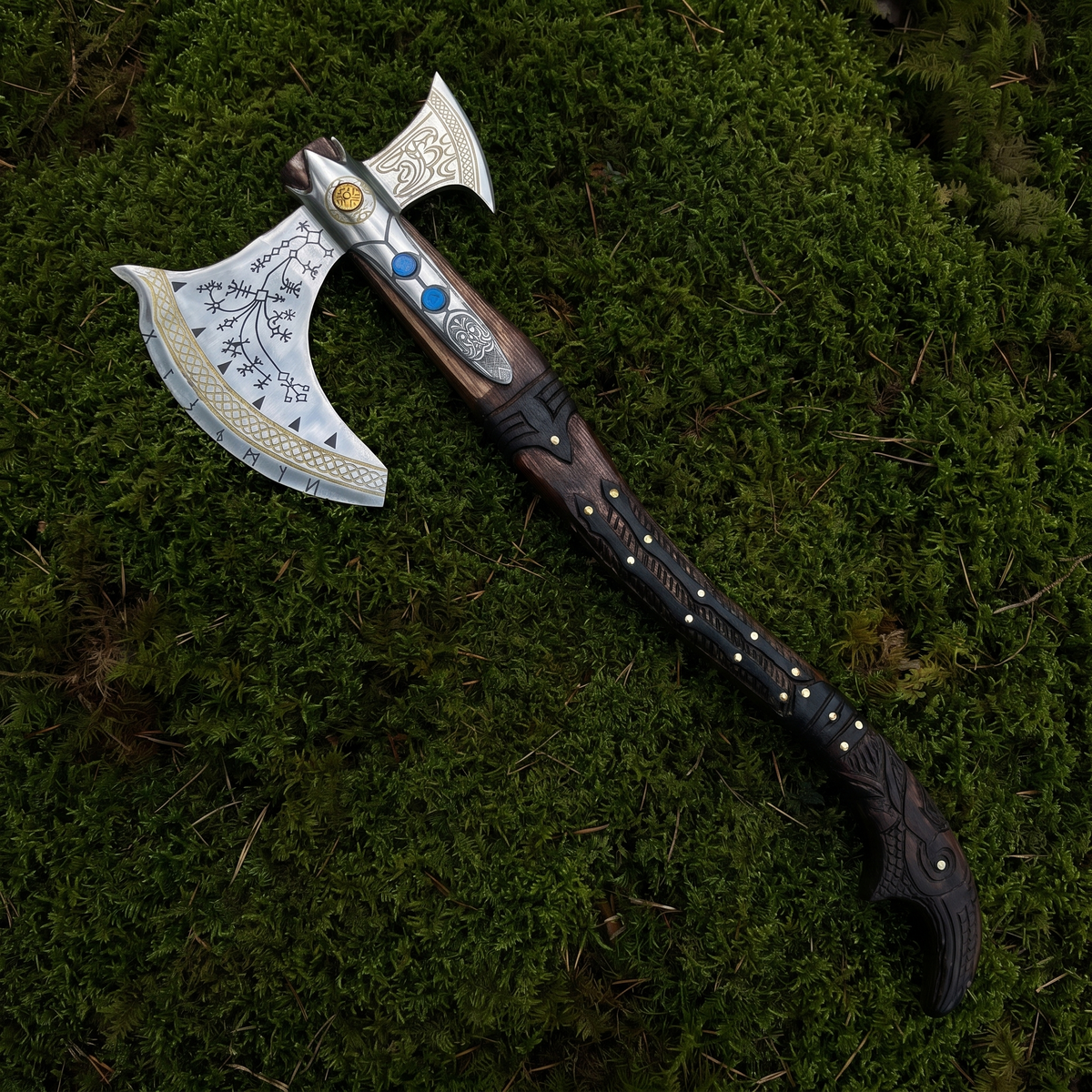 Full-length view of the 40 in Leviathan axe, an etched Viking-style axe with a dark carved handle, on green moss