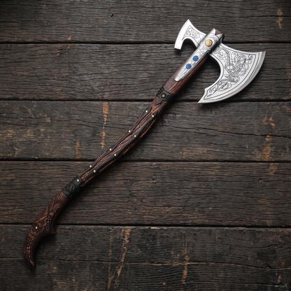 Full-length view of the 40 in Leviathan Axe, an engraved Viking-style axe, lying on dark timber