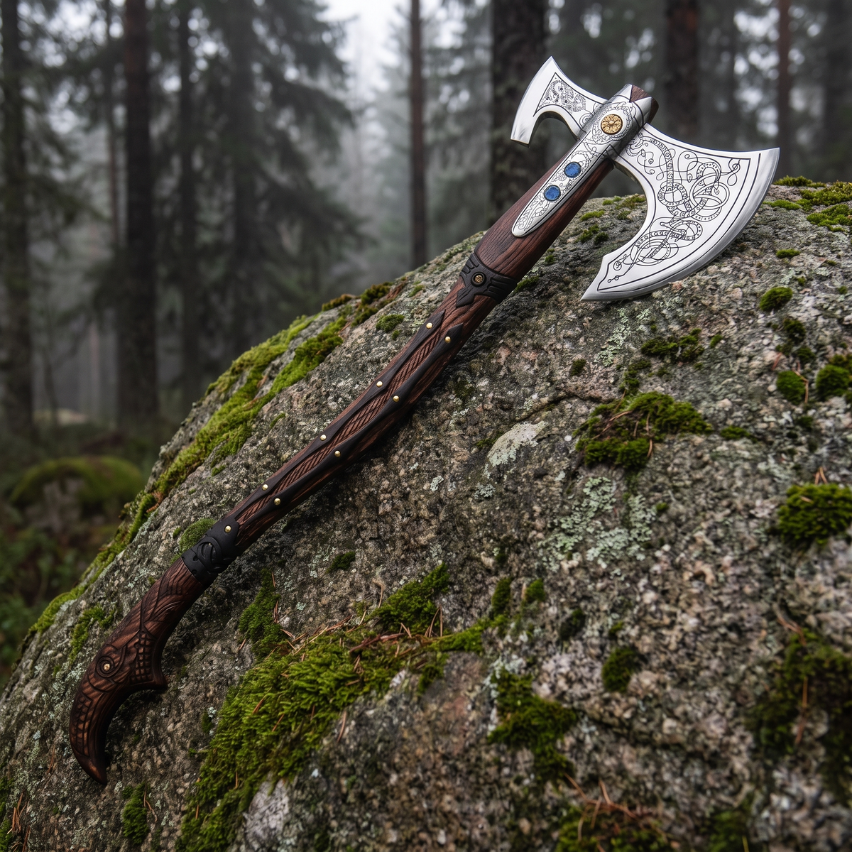 Leviathan Axe replica resting on a mossy boulder in a misty forest, engraved Viking-style axe head facing the camera