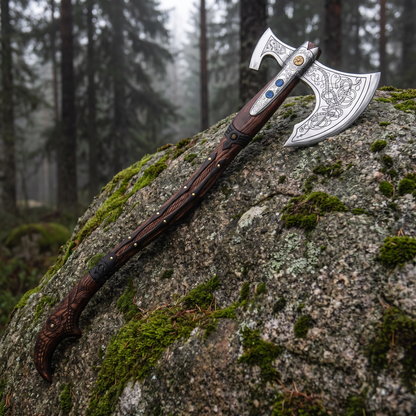 Leviathan Axe replica resting on a mossy boulder in a misty forest, engraved Viking-style axe head facing the camera