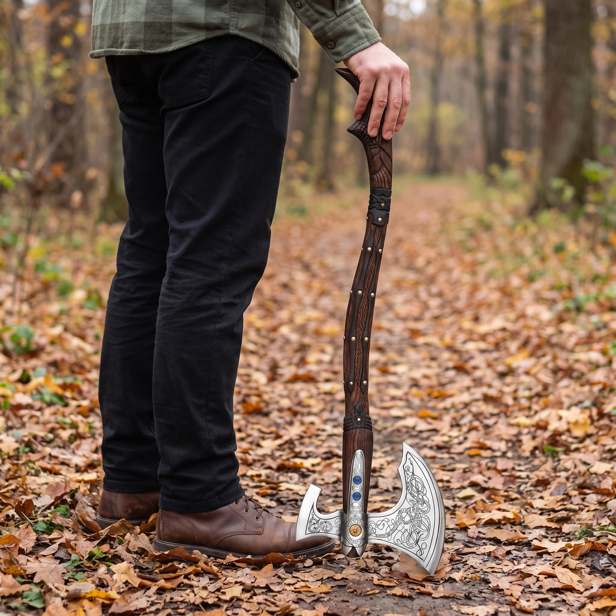 Leviathan Axe standing head down beside a man's leg, pommel at hip height, showing its 40 in length