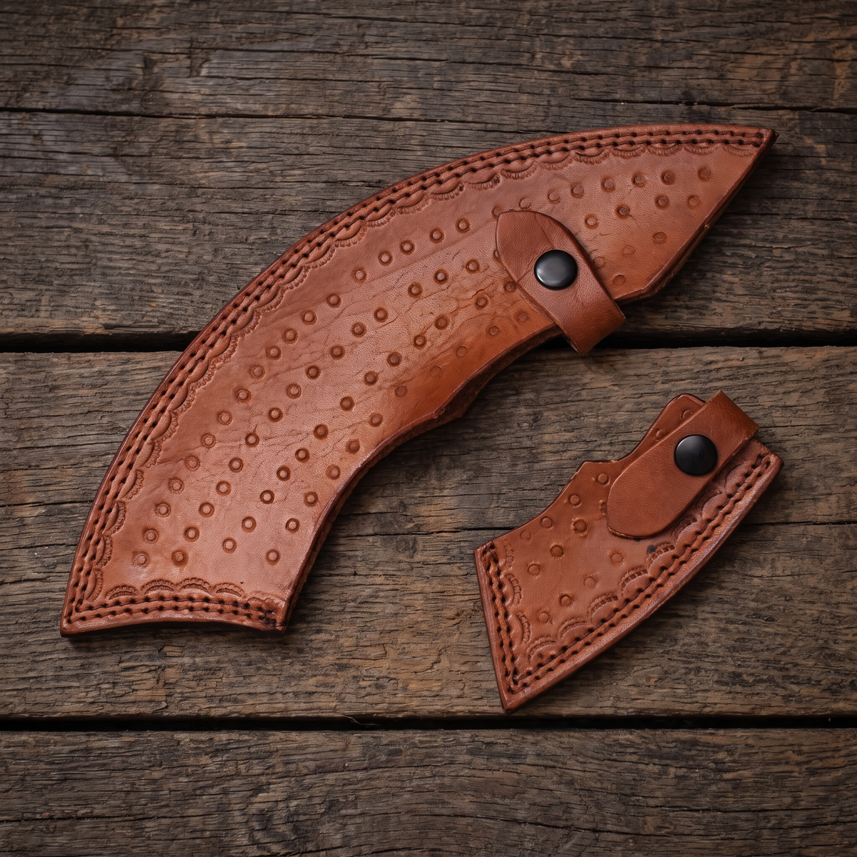 Tan leather sheath for the Leviathan Axe, tooled with a dotted pattern and closed with snap straps