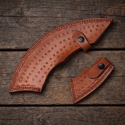 Tan leather sheath for the Leviathan Axe, tooled with a dotted pattern and closed with snap straps