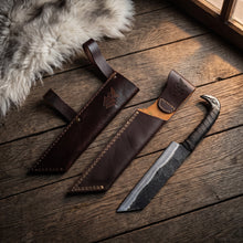 Broken-back Viking Seax Knife, raven Pommel and Twin Sheaths