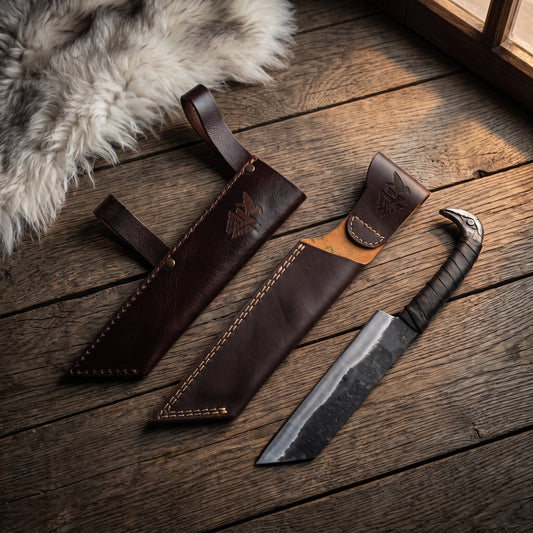 Broken-back Viking Seax Knife, raven Pommel and Twin Sheaths