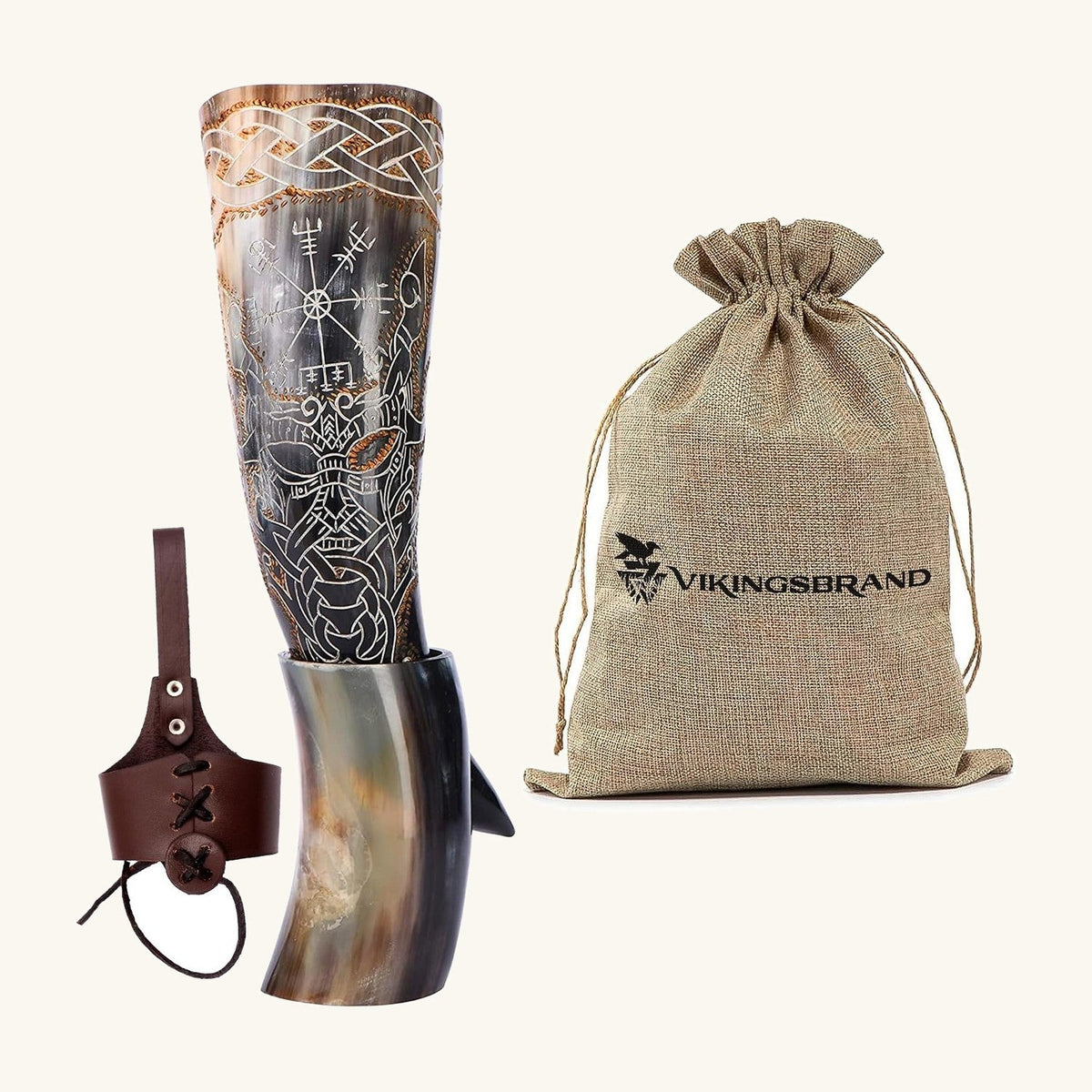 Odin and Vegvisir Viking drinking horn with stand, leather belt holder and gift bag, 14 inch