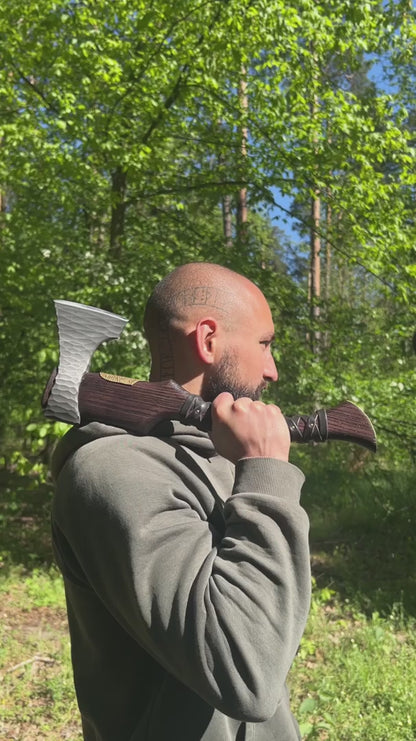 Handmade Viking Axe "Veles" With Leather Wrap On The Handle And Wooden Box