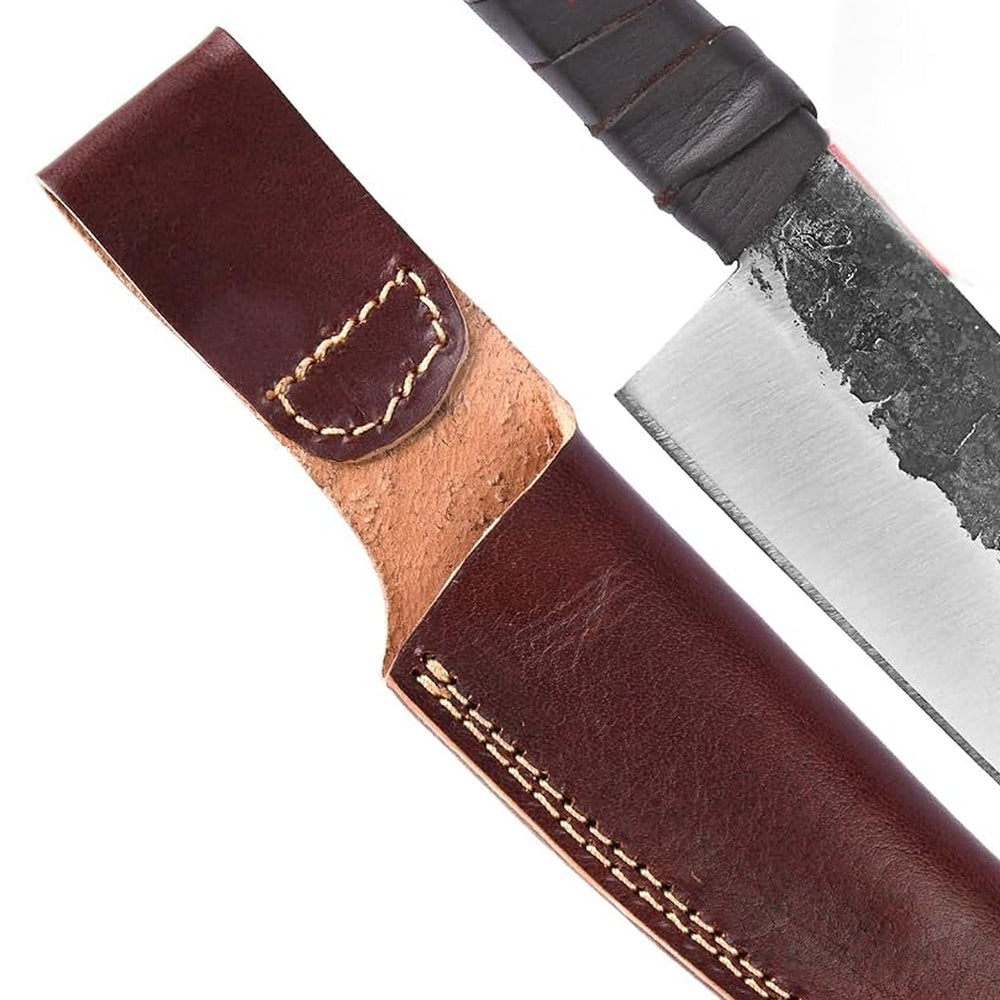 Detail of the hand-stitched cowhide sheath and belt loop supplied with the Raven's Beak Viking seax knife