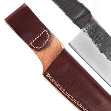Detail of the hand-stitched cowhide sheath and belt loop supplied with the Raven's Beak Viking seax knife