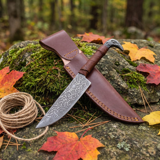 Raven-Hilt Viking seax knife with raven-etched carbon steel blade and cast raven's-head pommel resting on a mossy rock beside its leather sheath among autumn leaves