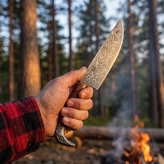 Raven-Hilt Viking seax knife held in the hand by a campfire in a pine forest, etched interlace catching the low light