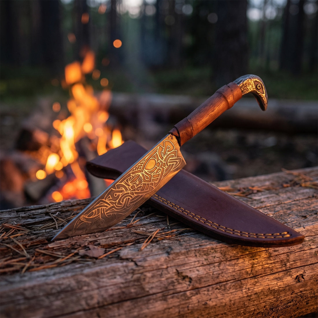 Raven-Hilt Viking seax knife and its fold-over leather sheath propped on a log beside a campfire at dusk