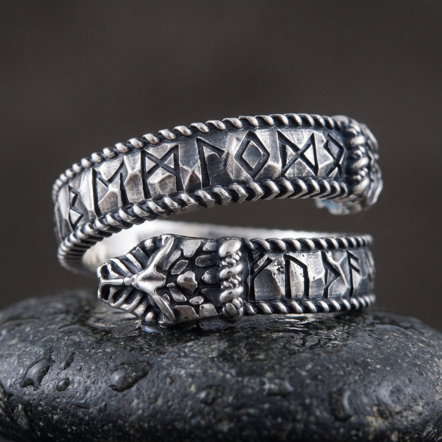 Handmade 925 silver spiral Viking ring with runes and beaded rope rails