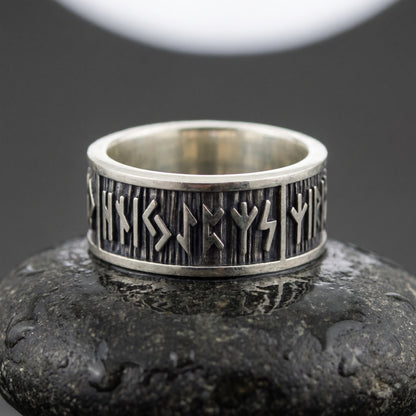 Wide rim Elder Futhark runes 925 sterling silver Viking ring – view 2