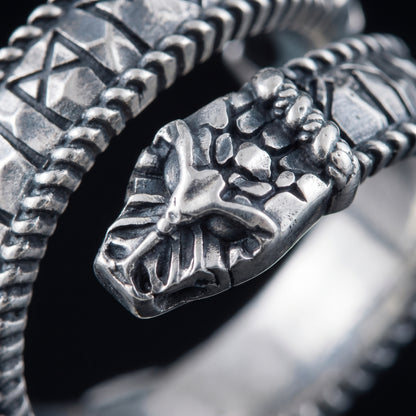 Macro of the stylised silver beast head on the Ouroboros rune ring
