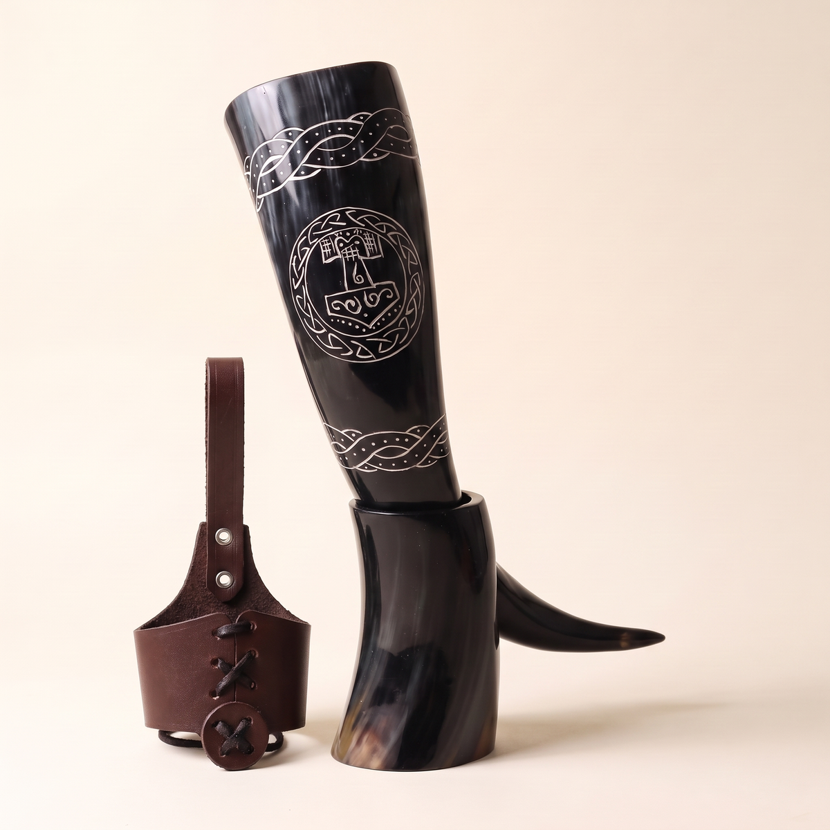 Thor's hammer Viking drinking horn in its horn stand with the leather belt holder, 12 inch