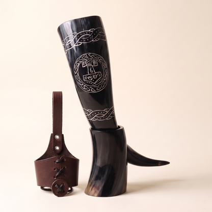 Thor's hammer Viking drinking horn in its horn stand with the leather belt holder, 12 inch