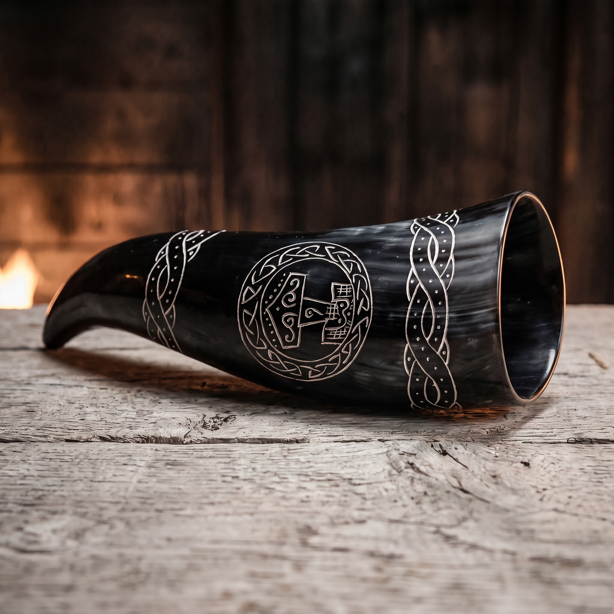 Black Viking drinking horn engraved with Thor's hammer, lying on an oak board