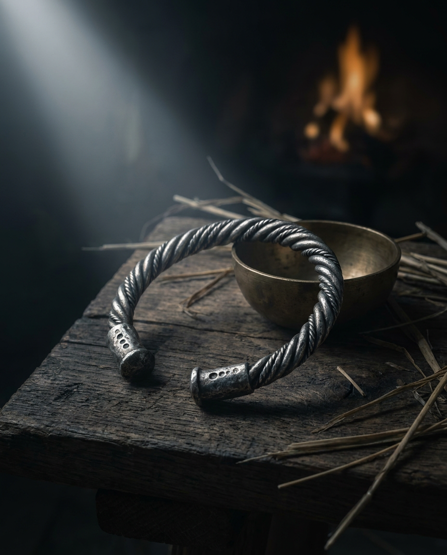 A heavy twisted silver arm ring with punched terminals resting on a hand-hewn plank beside a bronze offering bowl, lit by a shaft of daylight in a dim Norse hall
